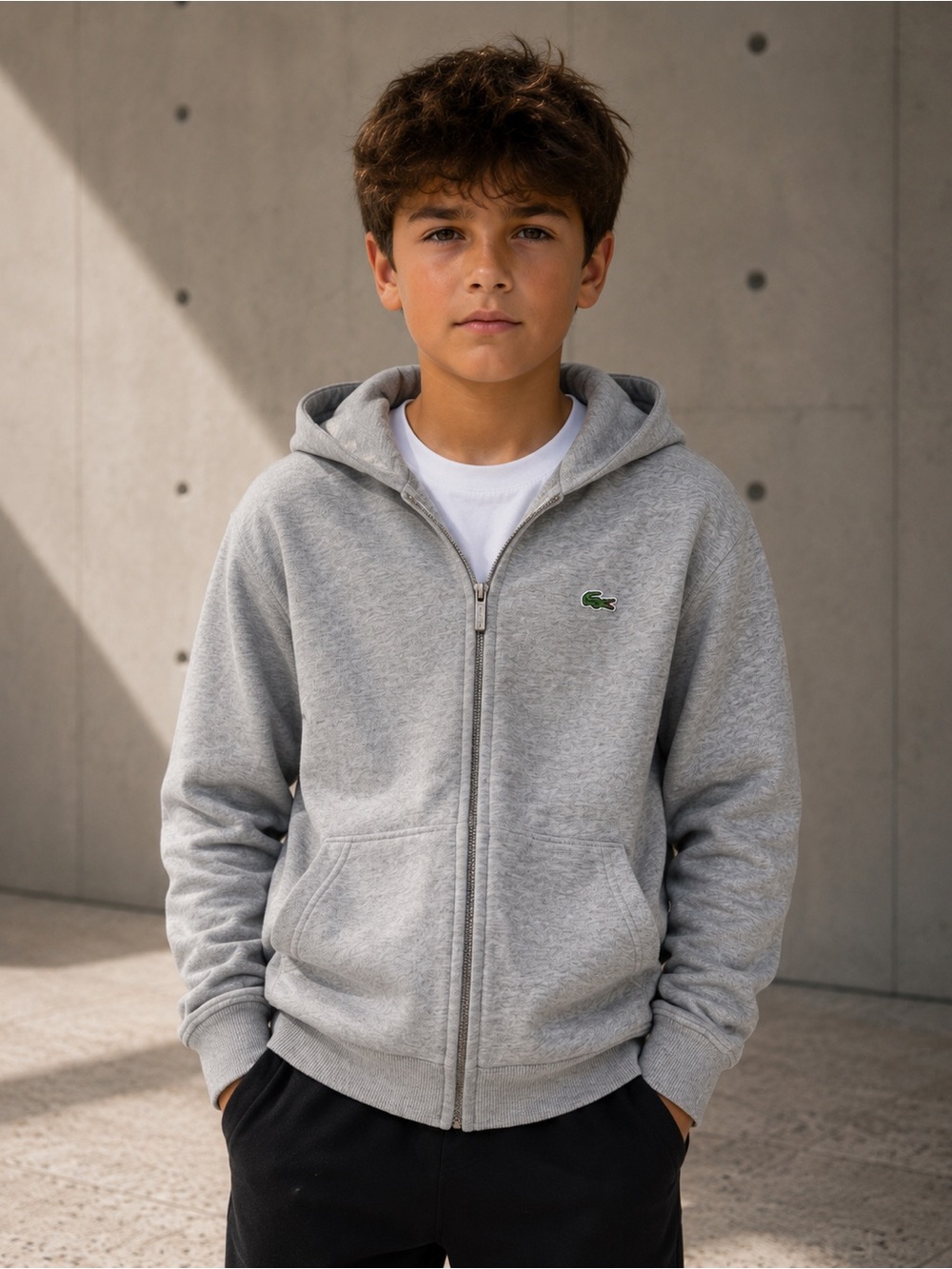 Boys' Lacoste Light Gray Zip-Up Hoodie with Green Crocodile Logo size 12